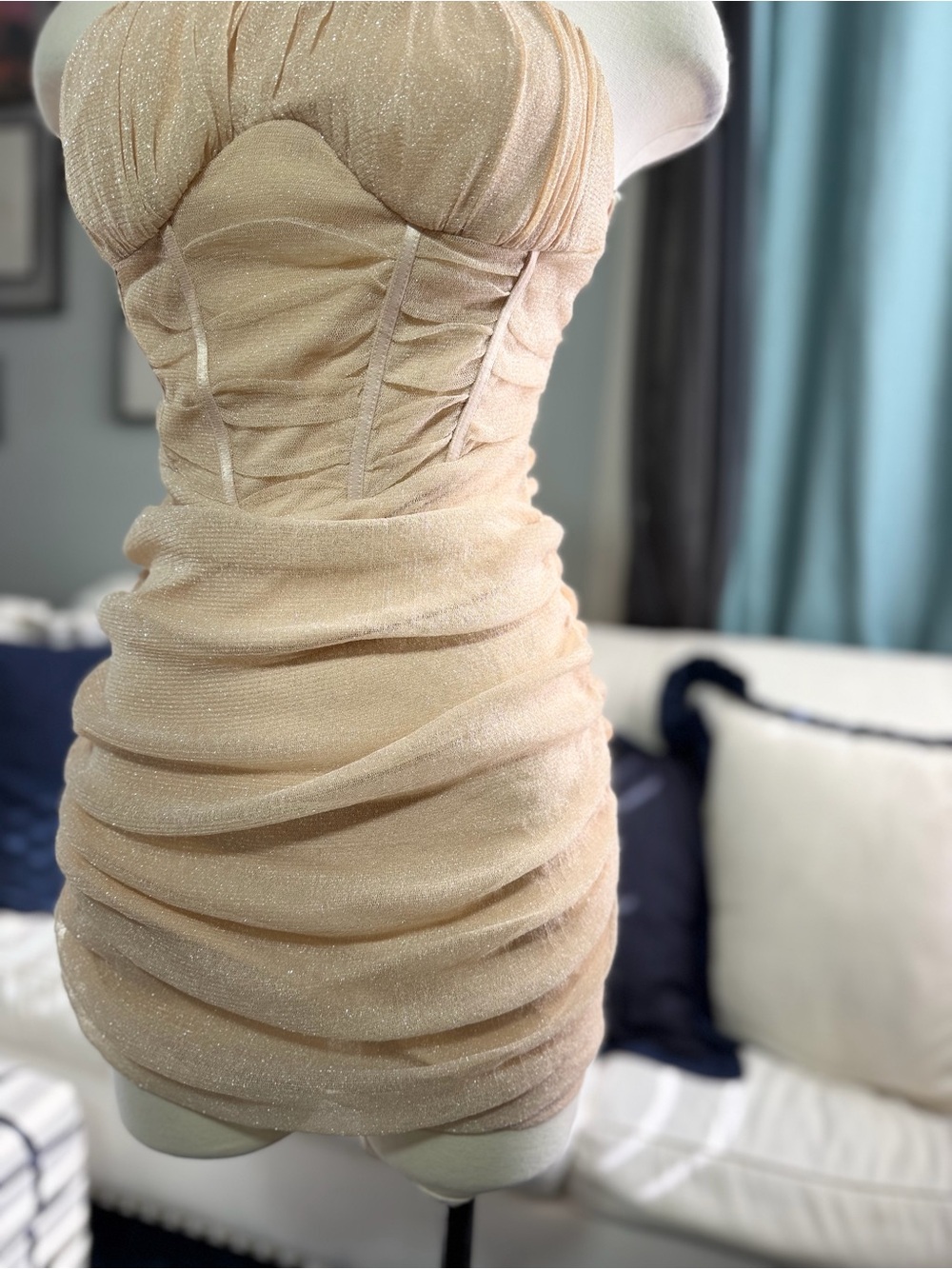 Champagne Shimmer Ruched Slip Dress in Nude - Picture 2 of 9